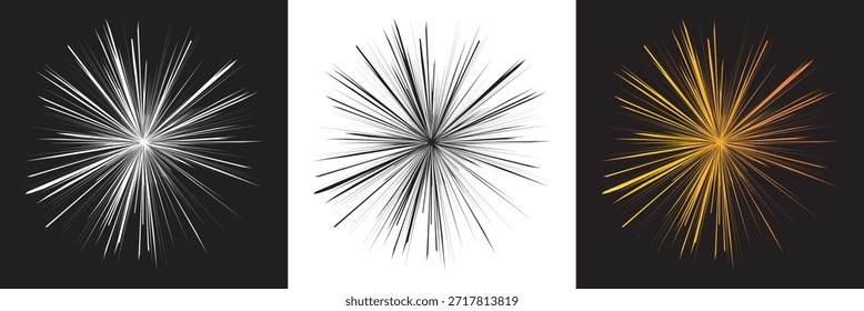 Patrón de línea radial Abstractas de estallido estelar. Abstractas líneas radiales en blanco y negro que forman una explosión estelar aguda, que representa la energía, el movimiento y la explosión dinámica sobre un fondo limpio. EPS10AI.