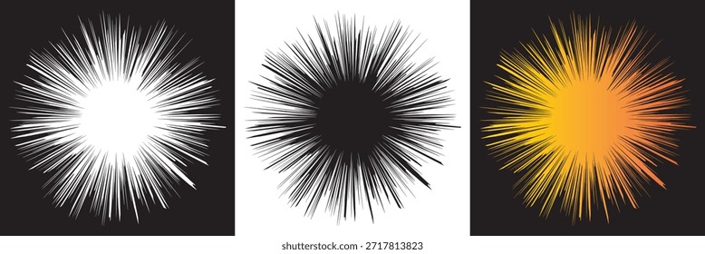 Patrón de línea radial Abstractas de estallido estelar. Abstractas líneas radiales en blanco y negro que forman una explosión estelar aguda, que representa la energía, el movimiento y la explosión dinámica sobre un fondo limpio. EPS10AI.