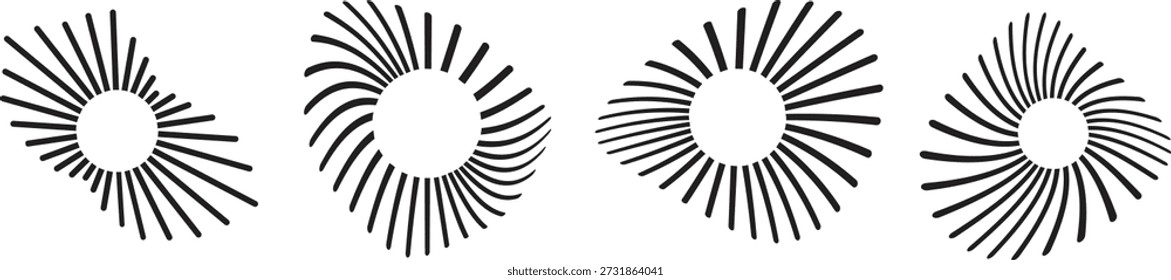 Elementos radiales Abstractas de circunferencia de rayos solares con patrones de línea giratorios. Limpie las Formas de arte de líneas geométricas que expresan movimiento, energía y equilibrio. Ideal para logotipos, fondos, infografías, imágenes de tecnología y Diseño gráfico moderno.