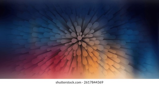 Abstract radial vector background with colorful 3D shapes bursting from the center. Smooth gradient blend of blues, reds, and oranges creates a dynamic, energetic, and modern look.