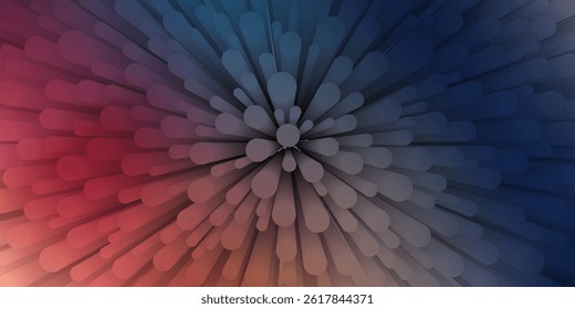 Abstrakter radialer Vektorhintergrund mit bunten 3D-Formen, die aus der Mitte bersten. Eine sanfte Farbverlauf-Mischung aus Blues, Rot und Orangen schafft eine dynamische, energetische und moderne Optik.