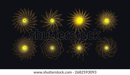Abstract radial yellow logo set, linear sun icons like atomic explosion, nuclear reactor, energy blast for science, renewable energy, solar power, atomic research, AI tech design. Vector illustration