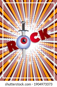 Abstract radiant banner with flashes, sparks and glow. Stylistic word rock. Eyeball is pierced with a sword. EPS10