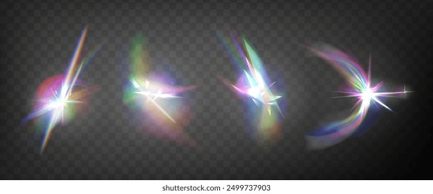 Abstract radiant prism bursts. Vector realistic set of dynamic rainbow light effects for digital. Ideal for web design, presentations, advertising and posters. 