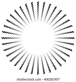 Abstract radiating lines element. Jagged, zigzag (wavy) lines converging. Abstract monochrome element. Bursting irregular lines.