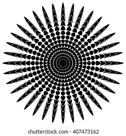 Abstract radiating motif, concentric monochrome element on white