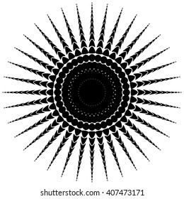 Abstract radiating motif, concentric monochrome element on white