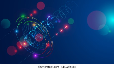 Abstract radio signal transmitted satellite dish . Directional signal radiates in sky shape a spiral and dots. Abstraction tech background. Satellite Communication concept. 