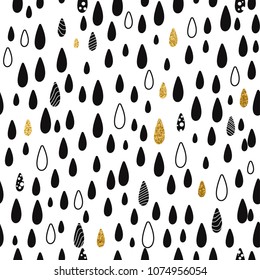 Abstract rain drops pattern in gold and black. Seamless texture vector background.