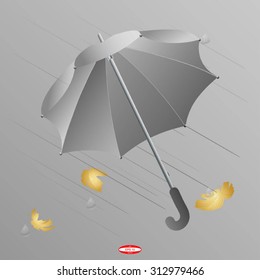 abstract rain gray background with gray umbrella with golden leaf. vector illustration
