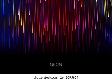 Abstract rain of neon lights, vibrant and glowing lines in a striking gradient on a black background. Cascade of vertical light strips in rainfall pattern. Digital cyber theme background. Vector.