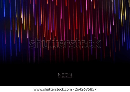 Abstract rain of neon lights, vibrant and glowing lines in a striking gradient on a black background. Cascade of vertical light strips in rainfall pattern. Digital cyber theme background. Vector.