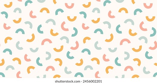 Abstractas arco iris Formas patrón geométrico sin fisuras. Fondo squiggle texturizado disperso en colores pastel. Confeti simple recortado en la paleta de arco iris silenciada género neutral impresión textil.