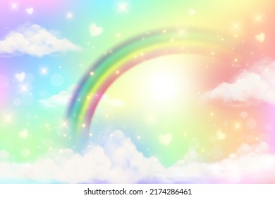 Abstract rainbow background with clouds and stars on sky. Fantasy pastel color unicorn wallpaper. Cute landscape. Vector illustration.