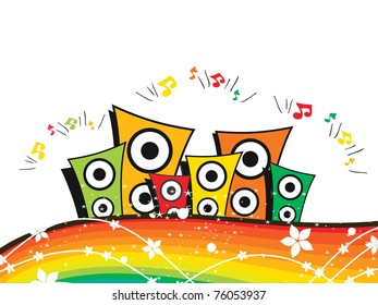 fondo de arcoiris abstracto con altavoz colorido, notas musicales