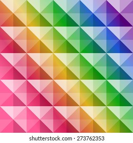 Abstract rainbow background of colorful volume triangles. Geometric mosaic with flow of colors. Volume layers. Vector Illustration.