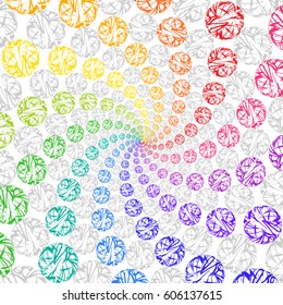 Abstract Rainbow Background Rotating Spiral of Spheres. Bright Circular Decorative Backdrop of Lace Circles.