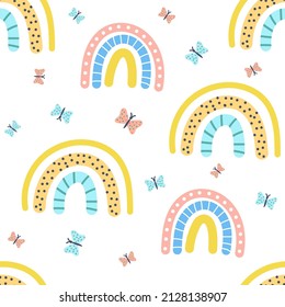 Abstract rainbow and butterflies childish seamless pattern
