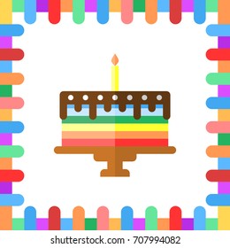 Abstract rainbow cake with a frame of multi-colored flags. The symbol of the birthday. Flat style.