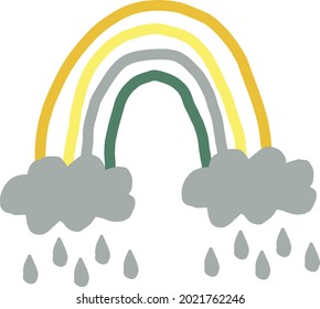 arcoíris abstractos con nubes y mano de lluvia dibujada al estilo boho. colores de tendencia 2021. garabato. tarjeta, cartel, icono, elemento de decoración de diseño