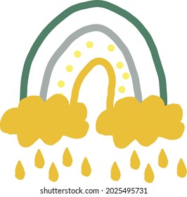 arcoíris abstractos con nubes y mano de lluvia dibujada al estilo boho. colores de tendencia 2021. garabato. tarjeta, cartel, icono, elemento de decoración de diseño