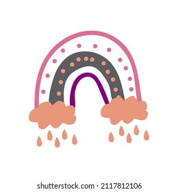 abstract rainbow with clouds and rain hand drawn in boho style. trendy colors 2022