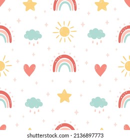 Abstract rainbow with clouds, sun, stars seamless pattern. Design for fabric, textile, wrapping paper, nursery. Vector illustration