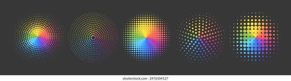 Abstrakte Regenbogenfarbkreise mit Punktstruktur. Runde gepunktete Rahmen mit mehrfarbigem Farbverlauf. Fleckenspray oder Pinsel. Vektorgrafik-Designelement