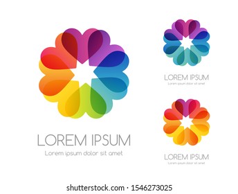 Abstract rainbow color logo of ring from hearts. Colorful vector emblem.