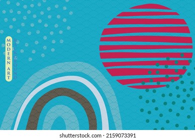 abstract rainbow with color streiped particle drop and red sun on blue background can be use for website template advertisement banner food and beverage label technology package design