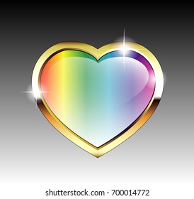 Abstract rainbow colored heart shaped background with a gold frame, with space for your text. Vector illustration.