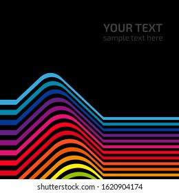 Abstract rainbow of colored lines on black background. Universal abstraction of multicolored stripes. Can be used in cover design, book design, website background, CD cover, advertising.