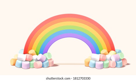 Abstract rainbow and colorful marshmallows on light yellow background for product display, 3d illustration