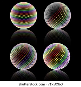 Abstract rainbow colorful spheres on black reflective background