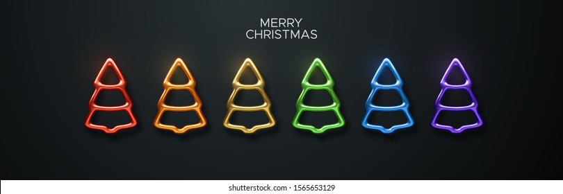 Abstract rainbow colors Christmas tree set. Vector festive illustration. Fir-tree shapes isolated on black background. Festive elements for LGBT family xmas design. Merry Christmas