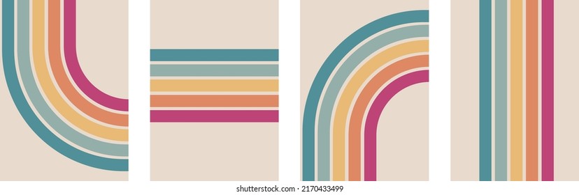 Abstract Rainbow Colours Retro Groovy Lines Bold 4 Backgrounds Bundle Set Collection. Pink Orange Yellow Blue Stripes.