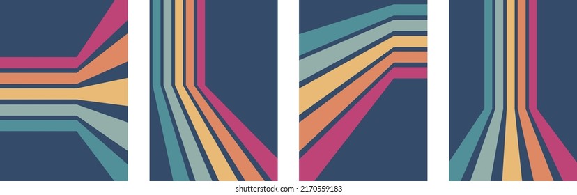 Abstract Rainbow Colours Retro Groovy Lines Bold 4 Backgrounds Bundle Set Collection. Pink Orange Yellow Blue Stripes.