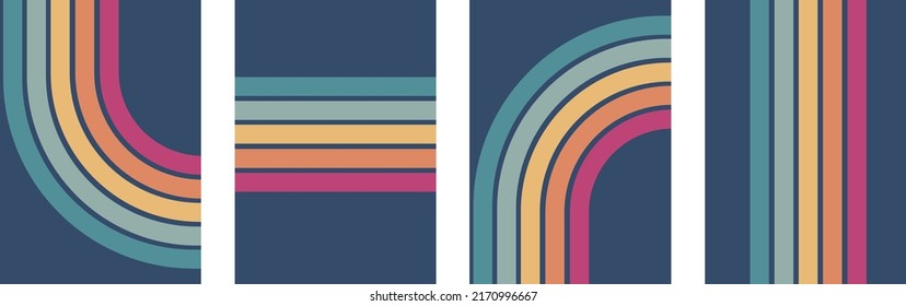 Abstract rainbow colours retro groovy lines bold 4 backgrounds bundle set collection. pink orange yellow blue stripes.