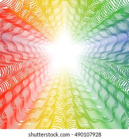 Abstract rainbow curved lines flower metamorphosis on white background. Vector element for your creativity