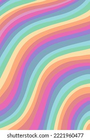 Abstract rainbow curved vertical background in trendy pastel mid century modern colors. Psychedelic swirl groovy template. Pastel retro wave wallpaper. Vector colorful design.