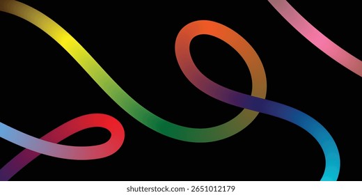 Abstract Rainbow Curves on a Black Background. A dynamic image showcasing interconnected, multicolored lines of varying shades against a pure black backdrop.