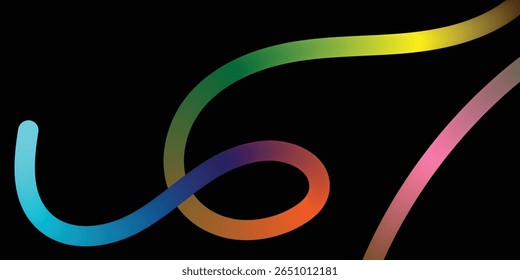Abstract Rainbow Curves on a Black Background. A dynamic image showcasing interconnected, multicolored lines of varying shades against a pure black backdrop.