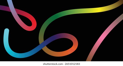 Abstract Rainbow Curves on a Black Background. A dynamic image showcasing interconnected, multicolored lines of varying shades against a pure black backdrop.