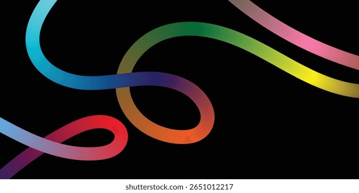 Abstract Rainbow Curves on a Black Background. A dynamic image showcasing interconnected, multicolored lines of varying shades against a pure black backdrop.