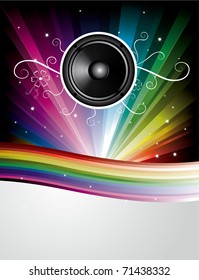 Abstract Rainbow Disco Background with stars, lines and speaker