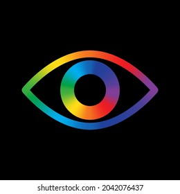 Abstract rainbow eyeball on black backdrop. Design art concept. Futuristic background. Vector illustration. Stock image. 