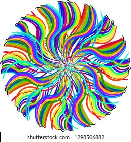 Abstract rainbow floral shape pattern. Decorative concentric twisted ornament design.