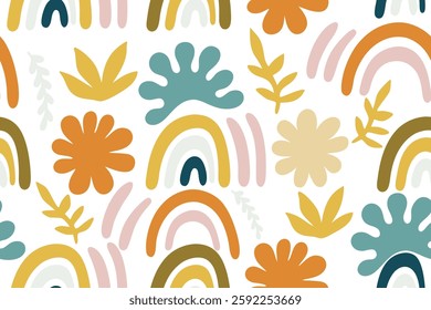 Abstract Rainbow and Florals seanless pattern illustration 