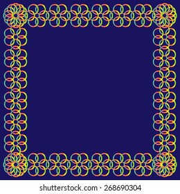 Abstract rainbow flower of circles frame on blue background