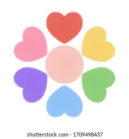 Abstract rainbow flower, dot, halftone. The petals of the heart. Vector decorative pattern. Object on an isolated background.